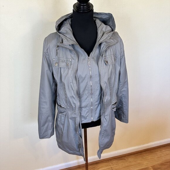Laundry by Shelli Segal Womens Gray Zip Up Raincoat Medium Hooded Pockets Jacket - Picture 8 of 14